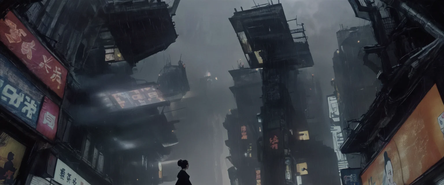 <lora:bldr-000007:0.9>bldr, city view from below looking up at advertisement, cyberpunk, geisha girl, rain, film grain
blade runner, retrofuturism