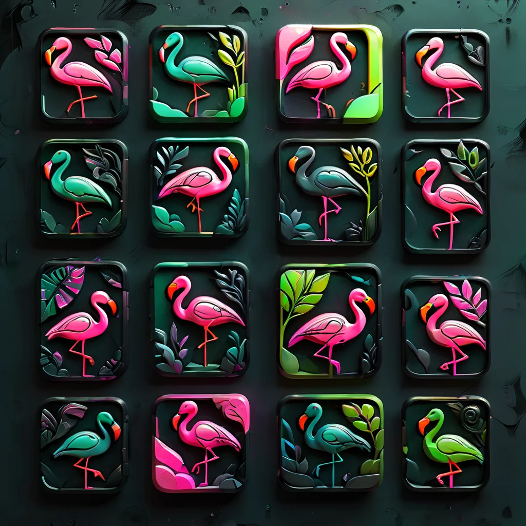 <lora:artfullyTILED_SDXL_V2:0.7>,collection of icons of a minimalistic logo for ArtfullyPrompt featuring a black background,a flamingo gracefully moving with a vibrant paint trail in neon green and neon pink, 3d,relief carving, incorporating pastel tones and subtle hints of ink,charcoal,and watercolor for an artistic and refined touch arranged in a grid of icons,<lora:ral-opal:0.3>,<lora:artfullytinyfae_sdxl_v1:0.4>,<lora:ARTFULLYORACLESDXL-V1:0.4>,<lora:artfullyinsect_-_v1-000007:0.5>,<lora:artfullymaleform_sdxl_v1:0.3>,