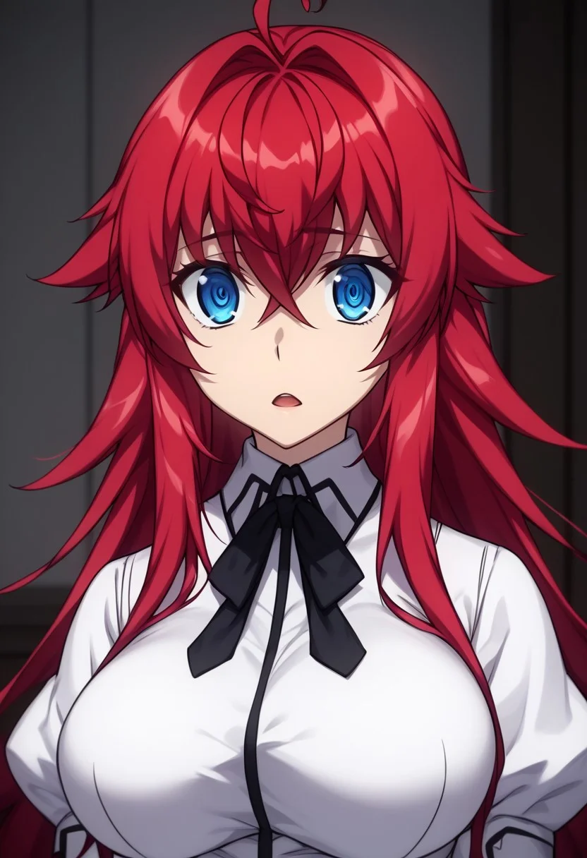 score_9, score_8_up, score_7_up,  
hdxdh3r0, hdxdh3r0styl3, 
 1girl, solo, long hair, breasts, looking at viewer, open mouth, bangs, blue eyes, large breasts, shirt, ribbon, hair between eyes, very long hair, school uniform, white shirt, upper body, ahoge, short sleeves, red hair, puffy sleeves, shiny, collared shirt, indoors, shiny hair, puffy short sleeves, black ribbon, neck ribbon, parody, crossed bangs, rias gremory