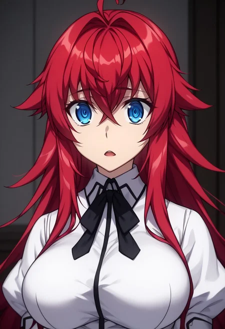 score_9, score_8_up, score_7_up,
hdxdh3r0, hdxdh3r0styl3,
1girl, solo, long hair, breasts, looking at viewer, open mouth, bangs, blue eyes, large breasts, shirt, ribbon, hair between eyes, very long hair, school uniform, white shirt, upper body, ahoge, short sleeves, red hair, puffy sleeves, shiny, collared shirt, indoors, shiny hair, puffy short sleeves, black ribbon, neck ribbon, parody, crossed bangs, rias gremory