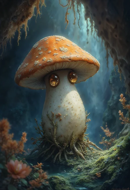 (((in the style of Brian Froud painting))), A living mushroom cap, a velvety, earthen-brown dome, speckled with phosphorescent lichen, occupies the upper right corner of the image, its gentle curve echoing the contours of the cavern ceiling. Below, centered in the composition, a plump, pearlescent body, reminiscent of a polished river stone, rests delicately on a bed of luminous moss that carpets the cavern floor. Two large, multifaceted eyes, like shimmering amethysts, gaze upwards from beneath the cap, reflecting the soft glow of the cavern ceiling, positioned in the upper left quadrant. Delicate, root-like tendrils extend downwards from the base of the creature, anchoring it to the moss and reaching towards a pool of crystalline water in the lower left corner. The background, a network of glowing fungal threads and crystalline formations that stretches across the entire right side of the image, creates a mesmerizing tapestry of light and texture. The overall scene evokes a feeling of serene beauty and the interconnectedness of life within this hidden grotto, a testament to the wonders that thrive in darkness