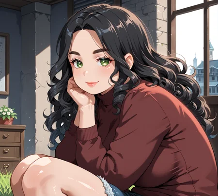 PonyScores7, source_anime, ah1, IllustriousQual, <lora:natsumi_style:0.5>, <lora:by_usakun-pony:0.4> by usakun, <lora:Akina_Bbw_Style_-_PonyXL:0.2> AkinBw, (zoom_out:1.8), (Ground level (from side) view, focus on legs), 1girl, mature female, (round face:1.2), (thick eyebrows:1.3), (curvy), round-chin, caucasian, (plump face), <lora:Round_face:0.2>, <lora:ETO_OCPonyXL:0.3> eto_oc, skindentation, (plump), thick thighs, wide hips, busty, voluptuous, lips, <lora:venus body PonyXL:0.3>, <lora:shinyskin2:0.2> glistening skin,  (((curly hair), long hair, (black hair:1.4), (parted hair:1.7), messy hair, kinky curls, <lora:hairdetailpxl:0.2> hairdetailpxl)), ((half green and brown eyes), (colorful eyes), (multicolored eyes), (downturned eyes:1.4), <lora:expressive eyes:0.2> expressive eyes, <lora:eyedetailpxl:0.2> eyedetailpxl, <lora:Eyes_High_Definition:0.2> EyesHD), ((A playful smirk with one eyebrow raised and a glint in the eye,  <lora:Expressive_H:0.2> Expressiveh, <lora:Emotional_Anime_Expressions_PonyXL_Concept:0.2> emotional, <lora:Best_Facial_Expression_LoRA_PONY:0.2>, looking at viewer, <lora:Detailed expressive EXEV style -XL Pony V1.0:0.2> FaceDetail)), ((A woman manipulates sound waves with her hands, creating zones of absolute silence or focusing devastating sonic blasts)), sunglo chic black mesh bodysuit with high-waisted denim shorts and chunky black boots, (((a spooky building, with cobweb-covered furniture, creaky doors, dim lighting, and unsettling ambiance))), <lora:xl_more_art-full_v1:0.2>, <lora:aesthetic_anime_v1s:0.2>, <lora:EpicF4nta5yXL:0.2>, <lora:detailxl:0.2> detailxl, <lora:Fant5yP0ny:0.2>, best quality, amazing quality, best aesthetic, absurdres, illustration, Volumetric_Lighting, ultra-detailed, very aesthetic, intricate details, 8k, masterpiece, best_quality, Stable_Yogis_PDXL_Positives, AS-Adult, <lora:Complicated fantasy portrait - XL Pony V2.0:0.2>, bad-hands-5, <lora:HDA_Detailer:0.3>, HDA_FatGirlXL