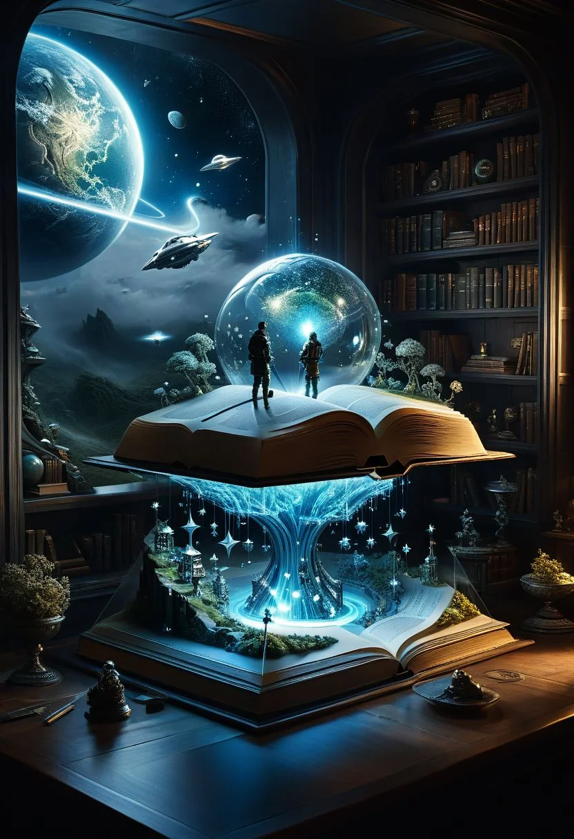 An artist sculpting a Miniature sci-fi world coming out of an open book, light particles flying around, detailed_fantasy_background, hyperdetailed; by Kim Keever Antoine Collignon Wadim Kashin Tim Burton Peter Mohrbacher, realism; incredible composition; dynamic_lighting; meticulously composed concept art, fascinating_stars, masterpiece, mystic fog, digital illustration, Reflections, cell-shaded, Volumetric_lighting,science fiction room
