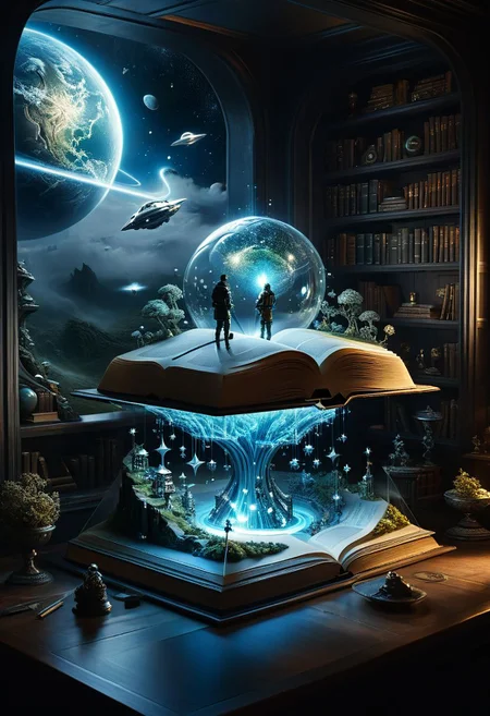 An artist sculpting a Miniature sci-fi world coming out of an open book, light particles flying around, detailed_fantasy_background, hyperdetailed; by Kim Keever Antoine Collignon Wadim Kashin Tim Burton Peter Mohrbacher, realism; incredible composition; dynamic_lighting; meticulously composed concept art, fascinating_stars, masterpiece, mystic fog, digital illustration, Reflections, cell-shaded, Volumetric_lighting,science fiction room