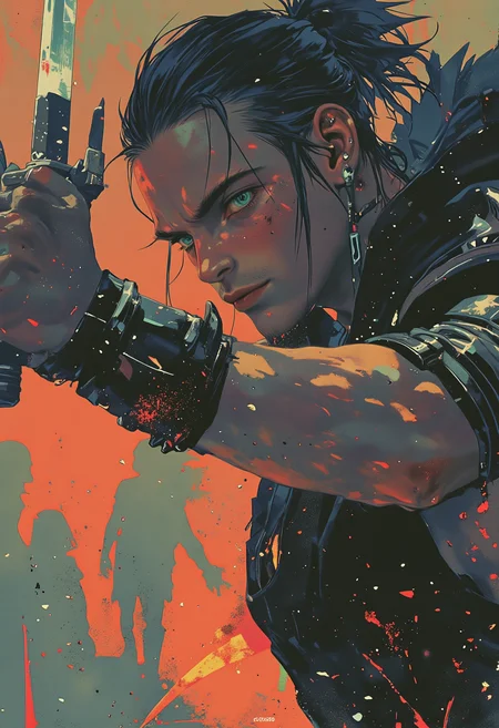 A hyper-realistic portrait, close-up of a young male Dark Eldar Wych mid-battle. His face is a study in fierce concentration, brows furrowed, his sharp, cyan eyes alight with excitement as he twirls a pair of deadly, barbed daggers. His skin is a sickly shade of pale green, glistening under the harsh, crimson light that illuminates the blood-stained arena behind him. The athletic lines of his body are accentuated by minimal, dark armor that leaves parts of his torso exposed, displaying intricate scars and tattoos that seem to writhe in the light. His hair is slicked back, drenched with sweat, and his movements are a blur of fluid grace, captured in a moment that radiates both tension and elegance. His spiked armguards glint with blood as he raises one dagger, its blade dripping with a dark, poisonous ichor. The entire scene is framed by the looming silhouettes of twisted statues, with the shadows playing across his face and lending an intensity to his expression, as if the very air pulses with the thrill of the fight., <lora:models\Flux\Luminous_Shadowscape-000016:0.65>, <lora:models\Flux\qiu_blue_000009500:0.8>, <lora:models\Flux\DarkCore-000003:0.65>, <lora:models\Flux\Fantastic Realism - s0_8 g4:0.44> f4nt4st1c,