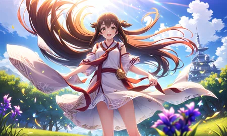 (masterpiece), (best quality), (ultra-detailed),(best shadow:0.7), (best illustration), (an extremely delicate and beautiful), photorealistic, finely detail, 1girl, grassy hill, blue sky, white cloud, sunlight, diffraction spikes, from below, finely detailed pupil, far from viewer village, BREAK, (akagi:1.22) from kantai collection, (feet out of frame), finely detailed iris, finely detailed hair, disheveled hair, brown eyes, brown hair, smile, (white sundress:1.22), open mouth, standing, medium breasts, hair ribbon, (wind:1.22)