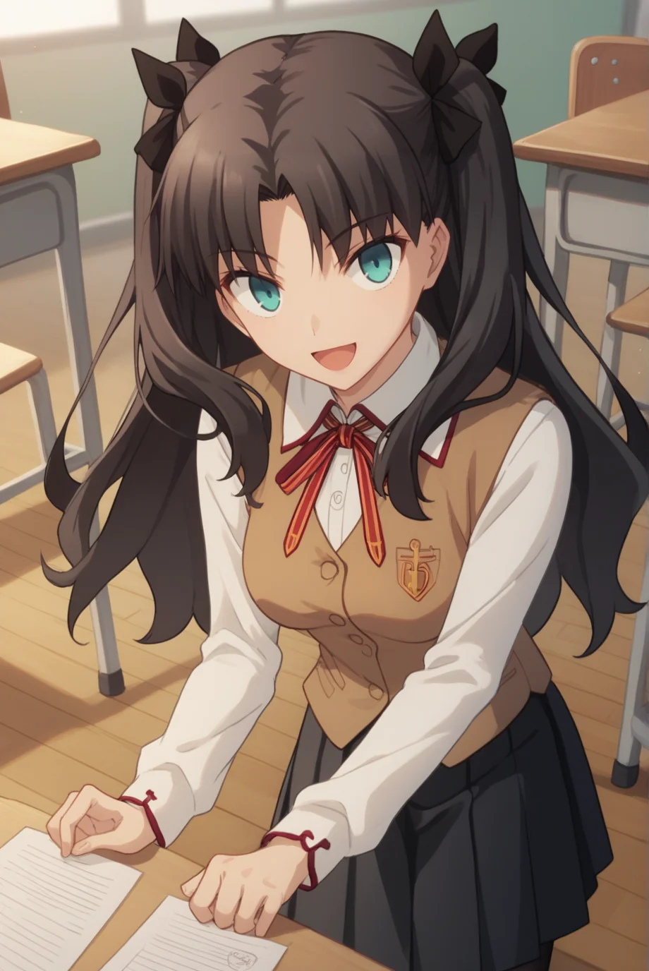 score_9, score_8_up, score_7_up, score_6_up, score_5_up, score_4_up, BREAK source_anime, 1girl,
<lora:TohsakaRinXL-v1-04:0.7>, ChopioTohsakaRin, black hair, long hair, two side up, parted bangs, hair ribbon, aqua eyes, looking at viewer,
(thick thighs:0.7), medium breasts,
outfit_1, white shirt, collared shirt, neck ribbon, brown vest, black skirt, pleated skirt, long skirt, black pantyhose,
classroom, wooden floor, smile, happy, open mouth,