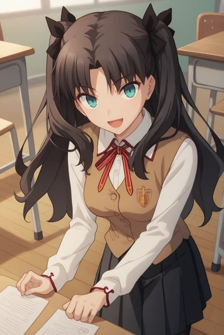 score_9, score_8_up, score_7_up, score_6_up, score_5_up, score_4_up, BREAK source_anime, 1girl,
<lora:TohsakaRinXL-v1-04:0.7>, ChopioTohsakaRin, black hair, long hair, two side up, parted bangs, hair ribbon, aqua eyes, looking at viewer,
(thick thighs:0.7), medium breasts,
outfit_1, white shirt, collared shirt, neck ribbon, brown vest, black skirt, pleated skirt, long skirt, black pantyhose,
classroom, wooden floor, smile, happy, open mouth,