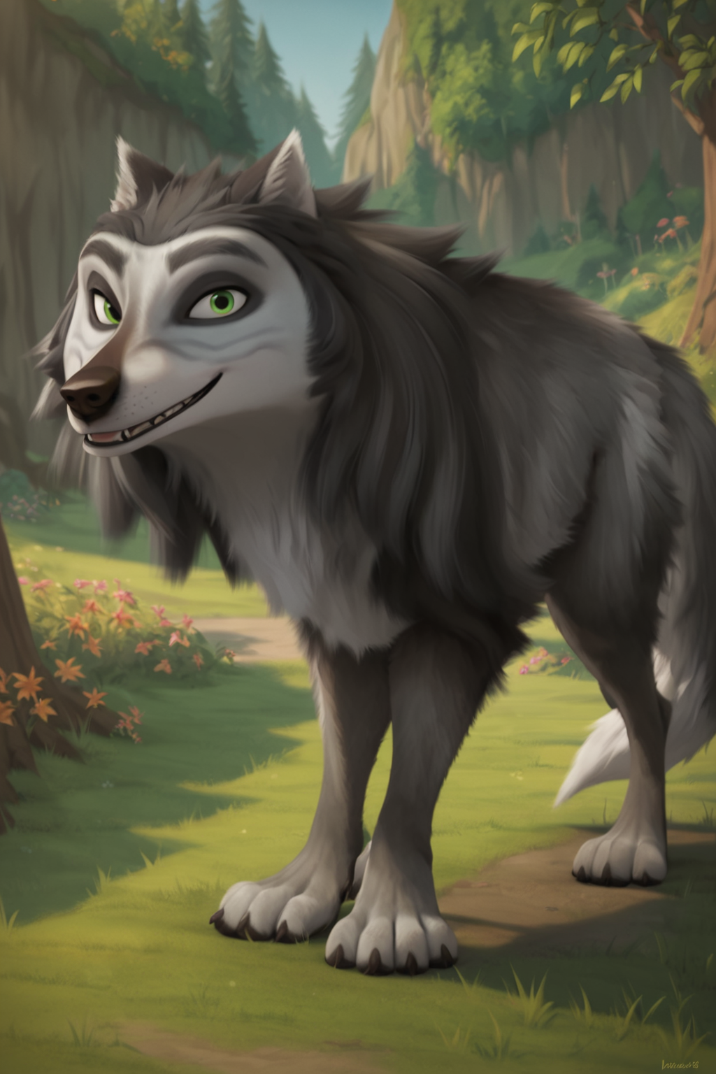 score_9, score_8_up, score_7_up, score_6_up, side view, looking at viewer, smile, feral, wolf, male, tone body, gray fur and black gray fur, green eyes, dark eyebrows, tail, solo, forest background <lora:Hutch_Alpha_and_Omega_XLPony:1>