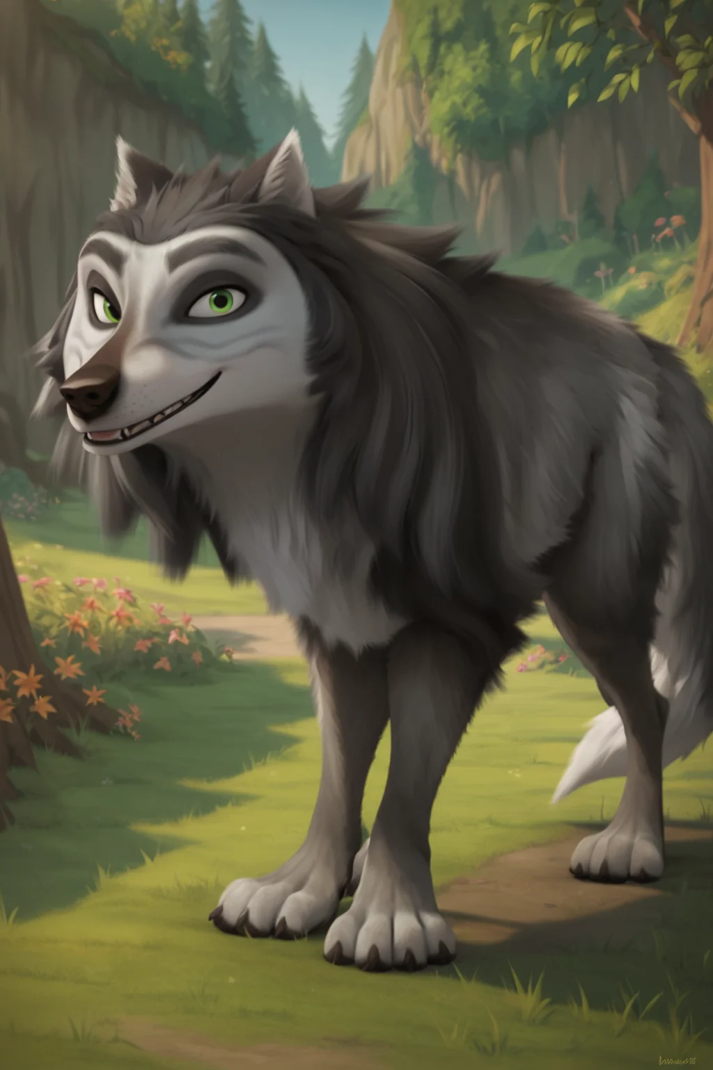 score_9, score_8_up, score_7_up, score_6_up, side view, looking at viewer, smile, feral, wolf, male, tone body, gray fur and black gray fur, green eyes, dark eyebrows, tail, solo, forest background <lora:Hutch_Alpha_and_Omega_XLPony:1>