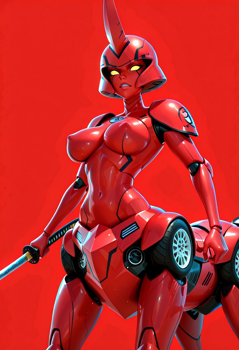 masterpiece, best quality, amazing quality, high resolution, ultra detailed, amazing quality, BREAK, 1girl, solo, ((Ikari Gozen, centaur, , robot, monster girl, black marks, one large horn, red skin, brilliant amber eyes, mechanical and vehicular in the lower half of her body, with tires at the joints, samurai armor, helmet, katana, slim waist, perfect lips, large breasts, erect nipples)), sexy, erotic, Dynamic Poses, BREAK, simple Background, white background, red background