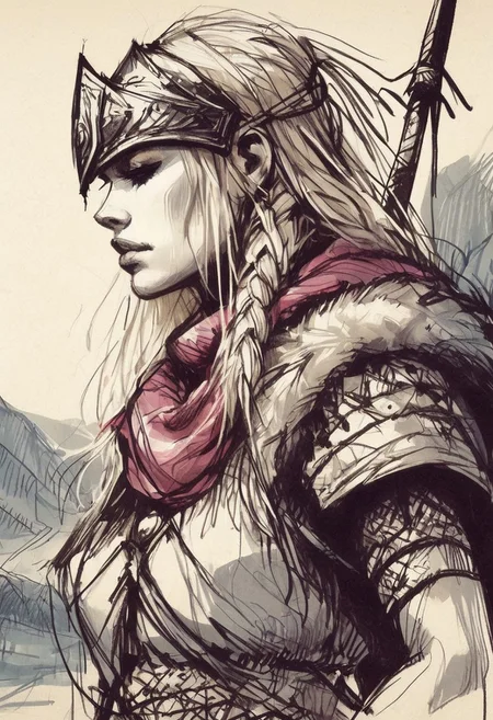 inksketch,
a young woman wearing a norse helmet holding a spear and shield, battlefield, river, blonde, braids, extreme close up, portrait,
