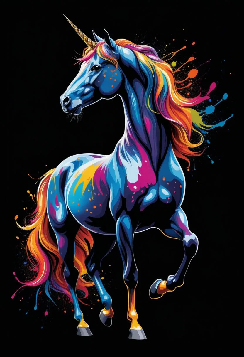 A captivating and dynamic artwork on a deep black background, with vibrant colors expertly splattered to create an enchanting effect. The splatter patterns meticulously form the silhouette of a majestic, colorful unicorn, adding a touch of elegance and sophistication to the overall composition. The image exudes creativity and artistic expression, with a sense of movement and energy that draws the viewer in, immersing them in the world of vibrant colors and fluid forms.