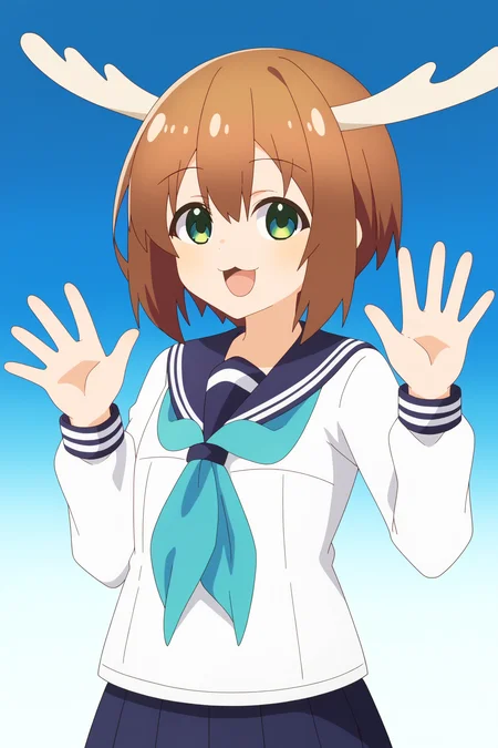 1girl, solo, <lora:Shikanoko Noko _ Pony _ v1:1>, antlers, brown hair, short hair, green eyes,
blue sailor collar, neckerchief, school uniform, long sleeves, pleated skirt, blue skirt,
looking at viewer, simple background, light blue background, gradient background, waving,