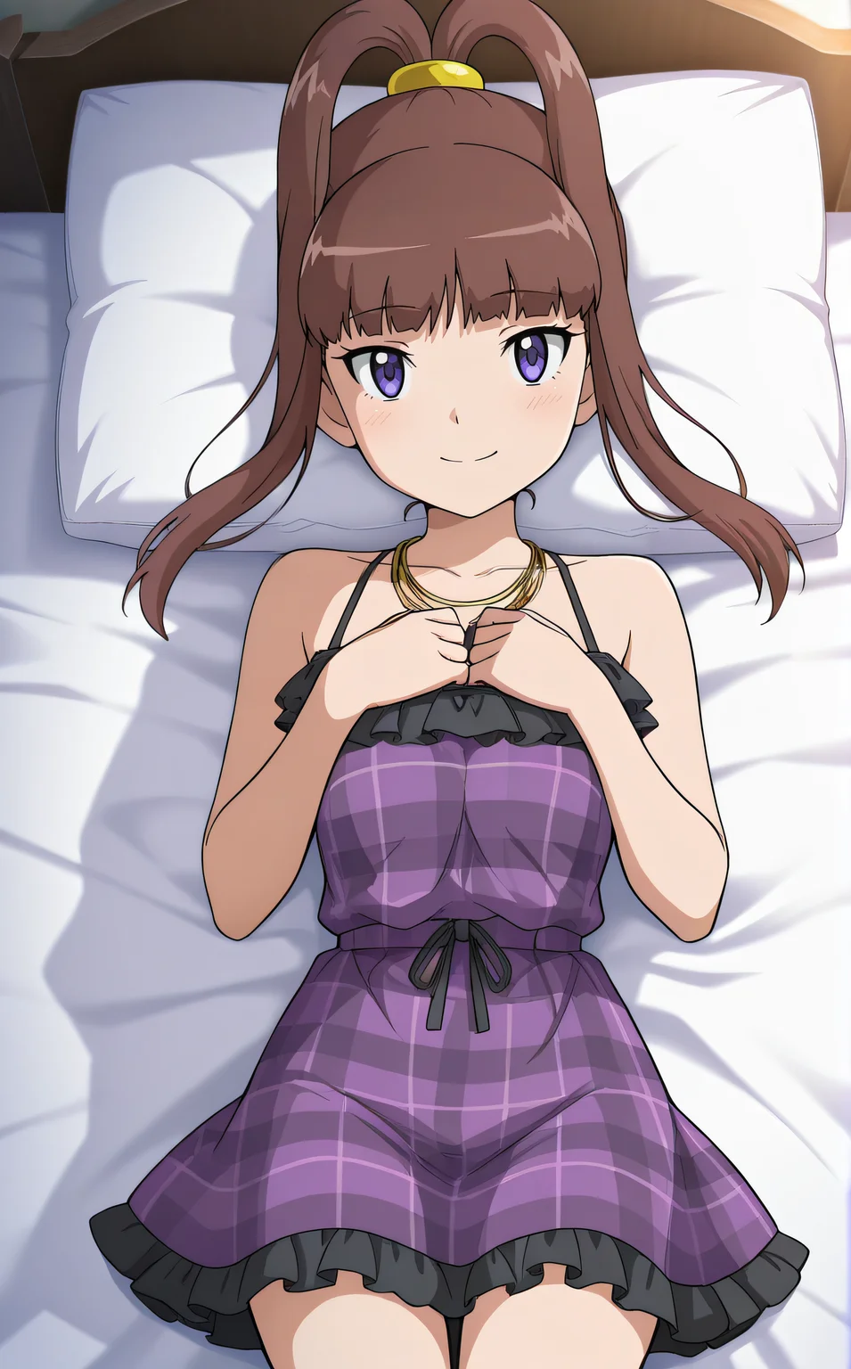 masterpiece, best quality, highres, scenery, newest, 1girl, solo, official style, <lora:IL_Amano_Nene_v2:1>, nene, necklace, collarbone, purple plaid dress, bare shoulders, black frills, indoor, cowboy shot, smile, hands on chest, lying on bed, bed sheet, looking at viewer