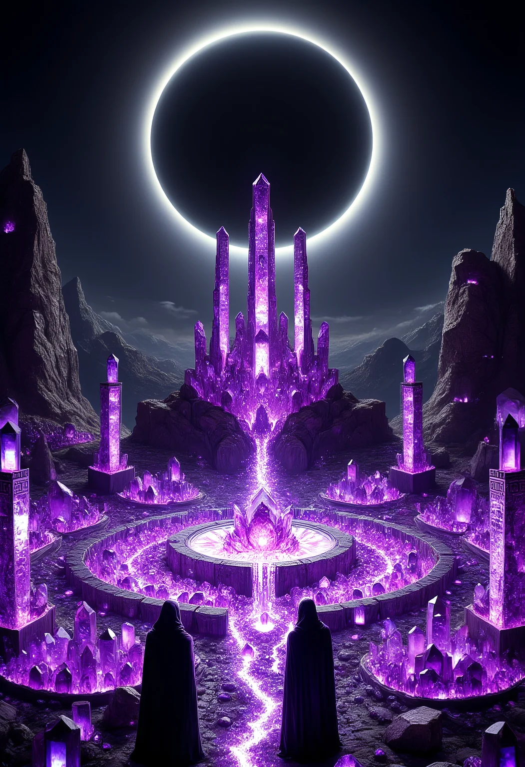 The Amethyst Eclipse Ritual
A ceremonial site made of sparkling amethyst crystals sits atop a towering mountain as a total eclipse darkens the sky. A glowing, circular altar in the center pulses with purple light, surrounded by crystalline obelisks carved with ancient symbols. Hooded figures draped in robes adorned with amethyst shards stand in a circle, holding glowing staffs made of polished amethyst. The darkened sky is lit only by the brilliant ring of the eclipse, casting dramatic shadows across the glittering ritual space.