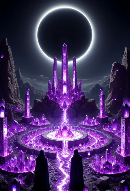 The Amethyst Eclipse Ritual
A ceremonial site made of sparkling amethyst crystals sits atop a towering mountain as a total eclipse darkens the sky. A glowing, circular altar in the center pulses with purple light, surrounded by crystalline obelisks carved with ancient symbols. Hooded figures draped in robes adorned with amethyst shards stand in a circle, holding glowing staffs made of polished amethyst. The darkened sky is lit only by the brilliant ring of the eclipse, casting dramatic shadows across the glittering ritual space.