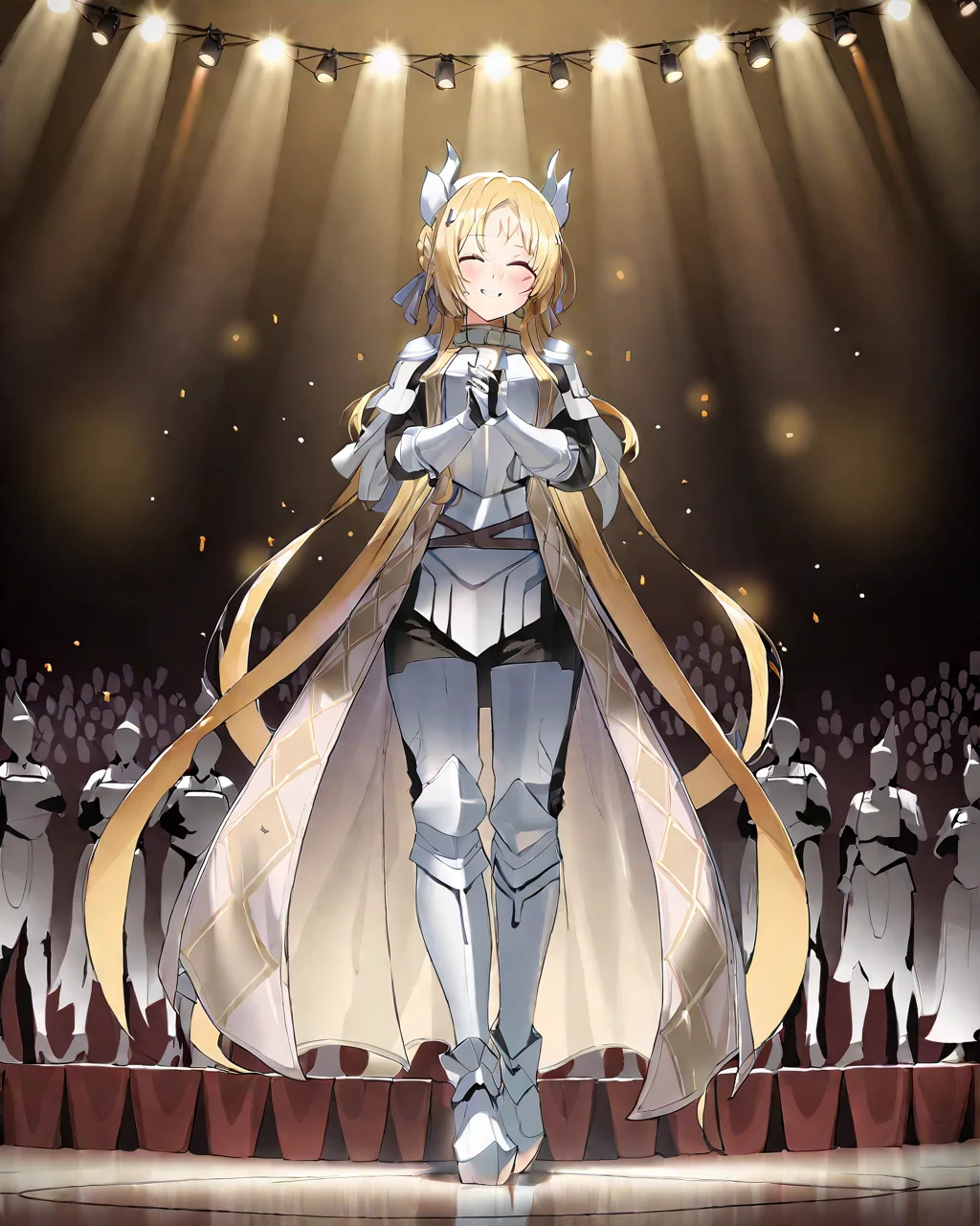 <lora:EcclesiaLoraXL:0.85>,(1girl:1.2),(solo:1.2),masterpiece,best quality,nice hands,perfect hands,long hair,happy expression,closed eyes,full body,blonde hair,armor,facial mark,standing on stage,audience