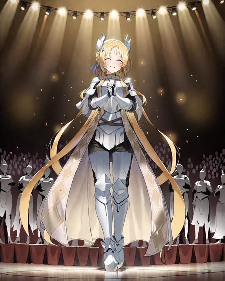 <lora:EcclesiaLoraXL:0.85>,(1girl:1.2),(solo:1.2),masterpiece,best quality,nice hands,perfect hands,long hair,happy expression,closed eyes,full body,blonde hair,armor,facial mark,standing on stage,audience