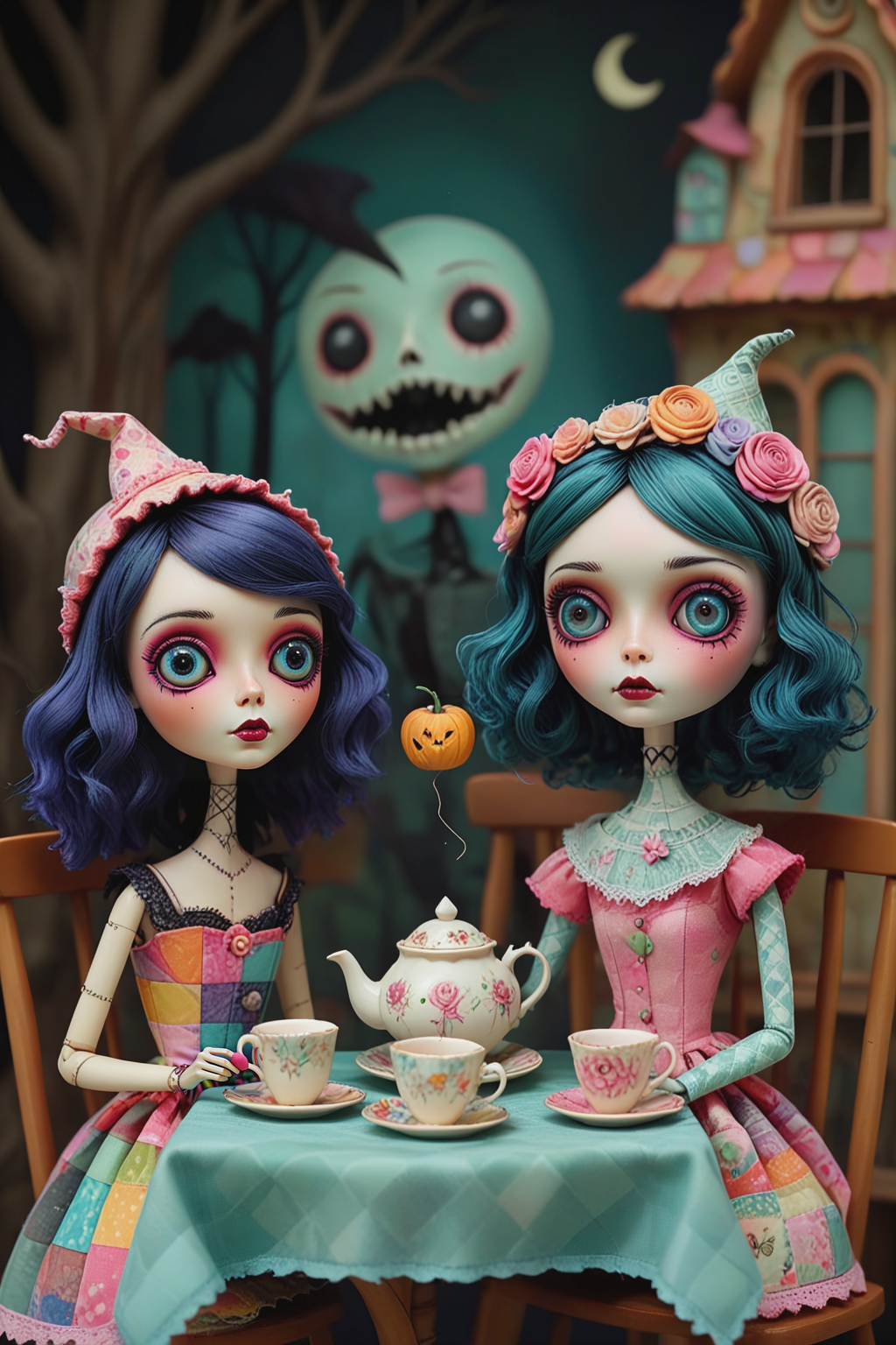 Imagine a whimsical tea party with a group of adorable patchwork dolls â each with their own unique personality and style,the dolls have bright vibrant colors and an endearing expressions with patchwork faces and flowing hair in the enchanting world of Mab Graves.colorful outfits,intricate stitching,and sweet treats that adorn the table,creating a spooky & sureal scene,<lora:TQ_-_Puppet_Dolls_In_Danger:0.8>,intricate background,