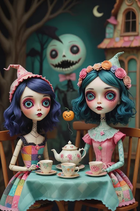 Imagine a whimsical tea party with a group of adorable patchwork dolls â each with their own unique personality and style,the dolls have bright vibrant colors and an endearing expressions with patchwork faces and flowing hair in the enchanting world of Mab Graves.colorful outfits,intricate stitching,and sweet treats that adorn the table,creating a spooky & sureal scene,<lora:TQ_-_Puppet_Dolls_In_Danger:0.8>,intricate background,