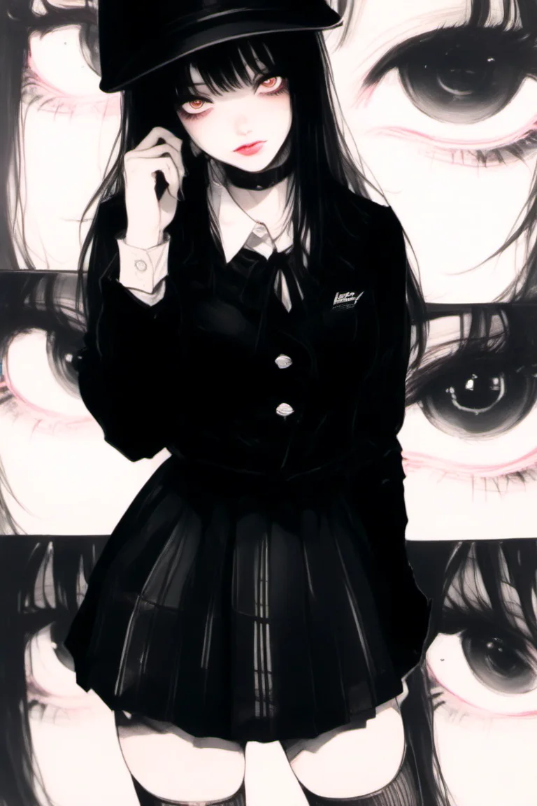 (depth of field:1.3),
<lora:School_Girl_XL:1>,
1girl, bangs, black nails, black thighhighs, hat, jacket, lips, looking at viewer, pleated skirt, ringed eyes, shirt, solo
