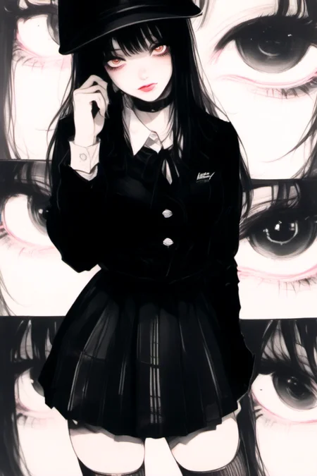(depth of field:1.3),
<lora:School_Girl_XL:1>,
1girl, bangs, black nails, black thighhighs, hat, jacket, lips, looking at viewer, pleated skirt, ringed eyes, shirt, solo