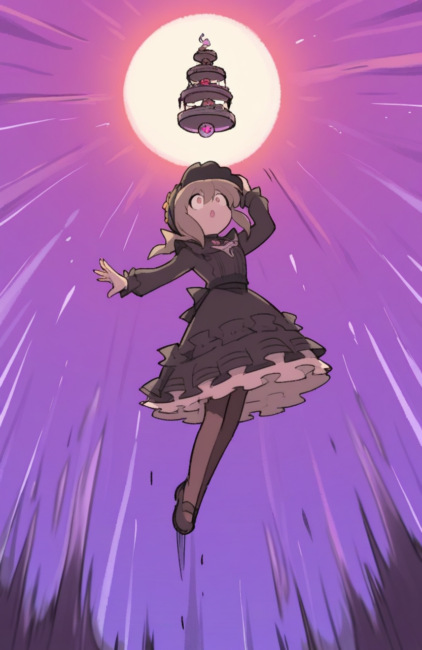1girl, solo, <lora:TemmieChang:1> tmchng, levitation, floating, motion blur, sky, in the air, awe-inspired expression,
nightmare moon \(mlp\), servant attire, frilly blouse, tiered skirt, pantyhose, flat shoes, bonnet, , extremely detailed, highres, masterpiece, best quality