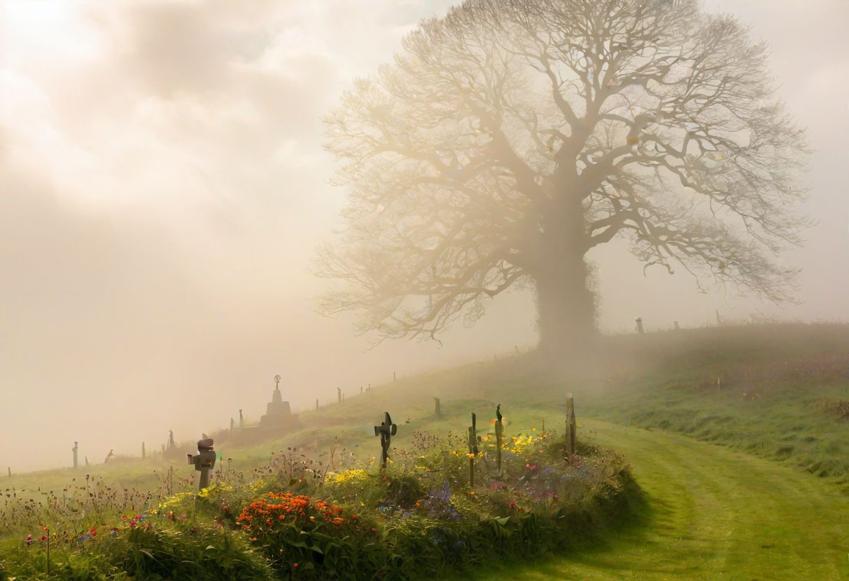 Hill of Tara, dreamlike, hazy atmosphere, swirling fog, vibrant wildflowers, figures from Irish mythology, (C Chulainn:1.2), (Queen Maeve:1.2), spectral silhouettes, sunbeams piercing the mist, Celtic symbols