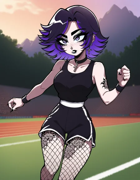 (masterpiece), (best quality), (ultra-detailed), score_9,score_8_up,score_7_up,score_6_up, source_cartoon, afs_ksusha, 1girl, eye contact, black eyeshadow, black eyebrows, black lipstick, black freckles around nose, cross earrings, purple detailed eyes, short spiky hair, bangs, dark purple hair, purple gradient hair color, multicolored hair, sport clothes, black nails, , fishnets, tattoo on legs, running, action packed, (crowded marathon scenery:1.3), illustration, disheveled hair, detailed eyes, perfect composition, moist skin, intricate details, earrings, by wlop, score_9,score_8_up,score_7_up,score_6_up, source_cartoon, afs_ksusha, 1girl, eye contact, black eyeshadow, black eyebrows, black lipstick, black freckles around nose, cross earrings, purple detailed eyes, short spiky hair, bangs, dark purple hair, purple gradient hair color, multicolored hair, sport clothes, black nails,, fishnets, tattoo on legs, running, action packed, (crowded marathon scenery:1.3), ambient light, epic, highly coveted, extremely beautiful, intricate, cinematic, stunning, surreal, aesthetic, gorgeous, breathtaking, creative, positive, pure, attractive
