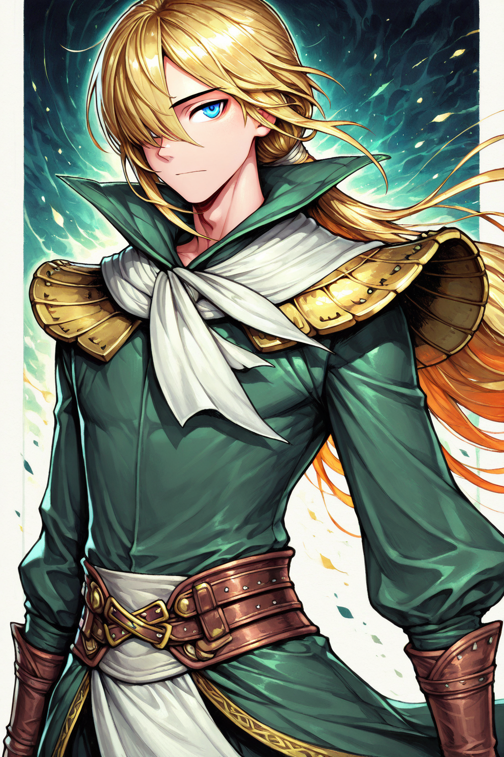 masterpiece, best quality, amazing quality, hatching (texture), FMIXF, vibrant details, vibrant colors, GOHAXI, 1boy, male focus, blue eyes, hair over one eye, long hair, blonde hair, tied hair, white neckerchief, (gold shoulder armor, pteruges), (green tailcoat, high collar, gold trim), (pelvic curtain, gold trim), brown belts, solo, upper body, looking at viewer