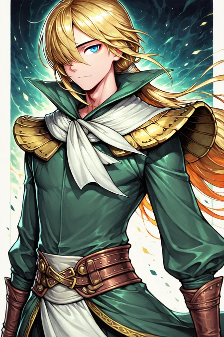 masterpiece, best quality, amazing quality, hatching (texture), FMIXF, vibrant details, vibrant colors, GOHAXI, 1boy, male focus, blue eyes, hair over one eye, long hair, blonde hair, tied hair, white neckerchief, (gold shoulder armor, pteruges), (green tailcoat, high collar, gold trim), (pelvic curtain, gold trim), brown belts, solo, upper body, looking at viewer