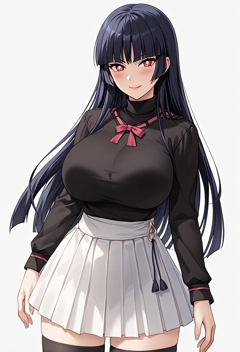 score_9,score_8_up,score_7_up,source_anime,5_figner,2d_animation,game cg,BREKE,
POKEMONSABRINA, BLACK HAIR, LONG HAIR, BANGS, BLUNT BANGS, RED EYES, HIME CUT, SIDELOCKS,WHITE PUPILS,1girl,solo,mature female,
black shirt,pleated skirt,zettai ryouiki,black thighhighs,long sleeves,miniskirt,white skirt,shirt,
gigantic breasts,thick hips,thick thighs,thick waist,disproportionate breasts,huge areolae,
covered erectile nipples,covered the breast,curves,glamour,blush,smile,upper body,
simple background,white background,
masterpiece,best qualit,ultra-detailed,illustration,an extremely delicate and beautiful,beautiful detailed eyes,unity 8k wallpaper,high resolution,anime CG,official_art,