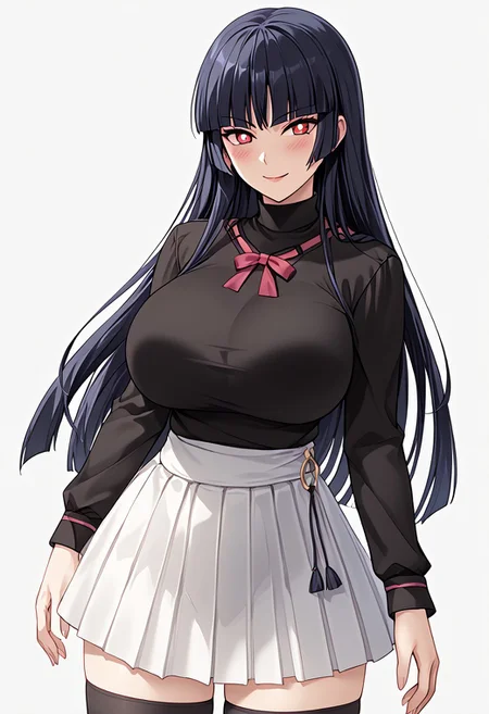 score_9,score_8_up,score_7_up,source_anime,5_figner,2d_animation,game cg,BREKE,
POKEMONSABRINA, BLACK HAIR, LONG HAIR, BANGS, BLUNT BANGS, RED EYES, HIME CUT, SIDELOCKS,WHITE PUPILS,1girl,solo,mature female,
black shirt,pleated skirt,zettai ryouiki,black thighhighs,long sleeves,miniskirt,white skirt,shirt,
gigantic breasts,thick hips,thick thighs,thick waist,disproportionate breasts,huge areolae,
covered erectile nipples,covered the breast,curves,glamour,blush,smile,upper body,
simple background,white background,
masterpiece,best qualit,ultra-detailed,illustration,an extremely delicate and beautiful,beautiful detailed eyes,unity 8k wallpaper,high resolution,anime CG,official_art,