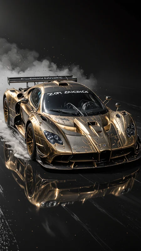 GOLD LIQUID METAL DTM "Zonda R" car, race car, racing through SILVER LIQUID METAL, liquid metal sprays up from the cars tyres, Car drifting in a black void, Epic, (Use Dream Diffusion Secret Prompt), UHD, <lora:Liquid_Fluid_Metal_XL_-_By_DICE:0.4>