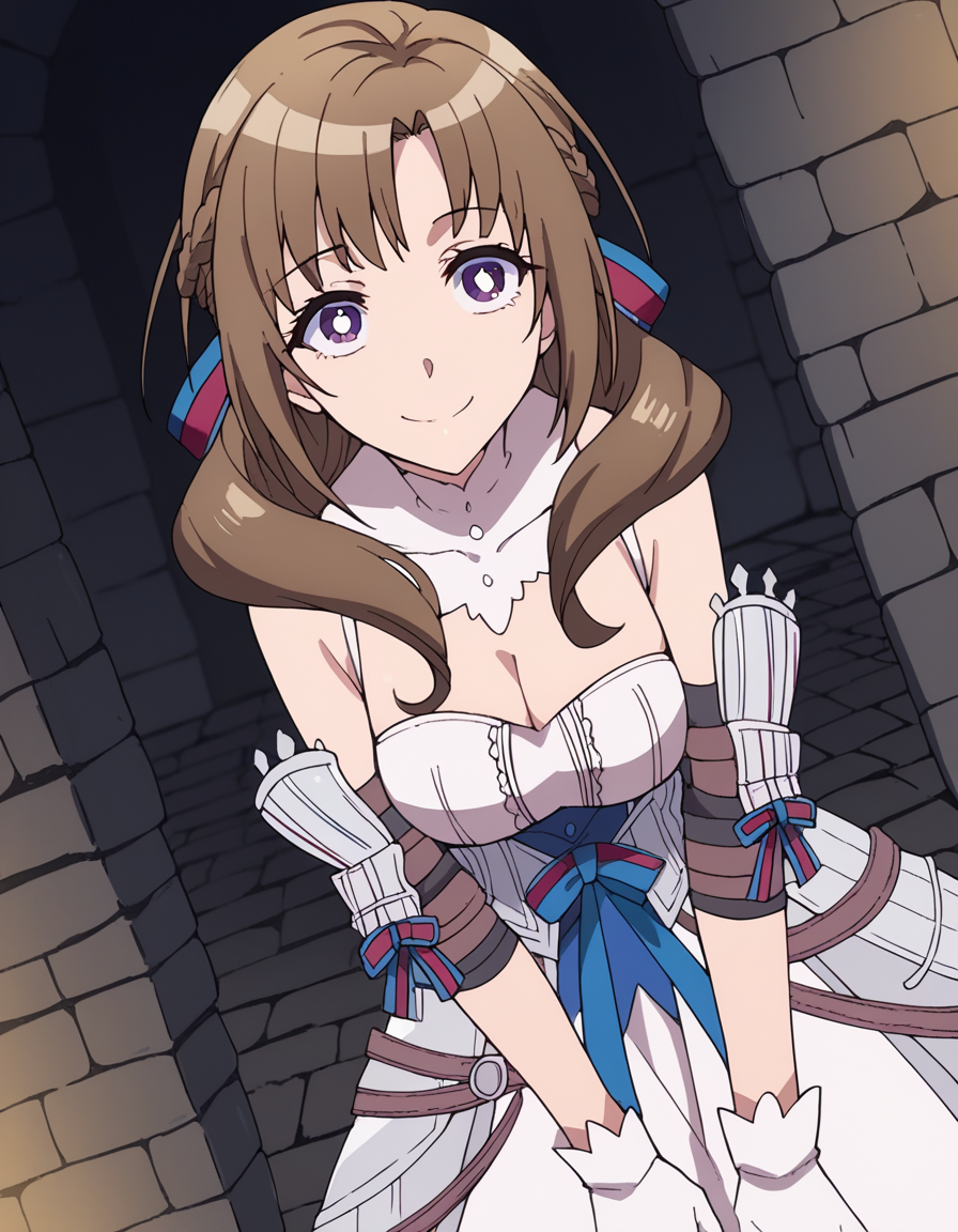 score_9, score_8_up, score_7_up, source_anime,
mamakooosuki, <lora:mamako-oosuki-s1-ponyxl-lora-nochekaiser:1>,
mamako oosuki, long hair, brown hair, purple eyes, hair ribbon, braid, bright pupils, french braid, white pupils,
gloves, dress, cleavage, bare shoulders, white gloves, white dress, armor, choker, detached collar,
dungeon, bent over, smile,
looking at viewer, cowboy shot, solo, dutch angle,