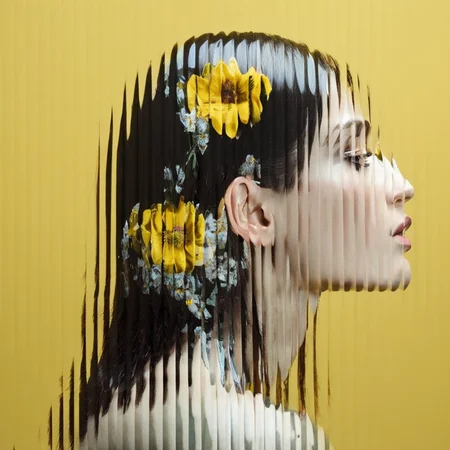 a woman profile long hair with flowers, yellow background, curved glass, textured glass, fluted glass <lora:SDXL_Textured_glass_Test_Sa_May:1>