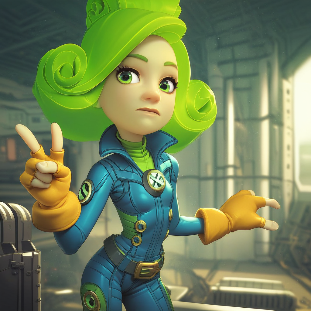 core_9, score_8_up, score_7_up, 1girl. solo, v3rt4, green hair, green eyes, gloves, bodysuit, fingerless gloves, belt, factory,