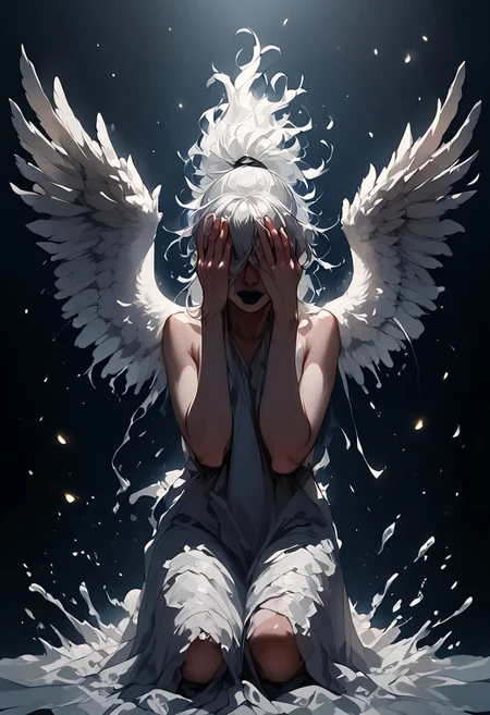 1 angel, white wings, messy white hair, hair covering eyes, blunt bangs, ponytail, black lipstick, kneeling, sorrowful, dark ethereal background, glowing embers, splashes of red