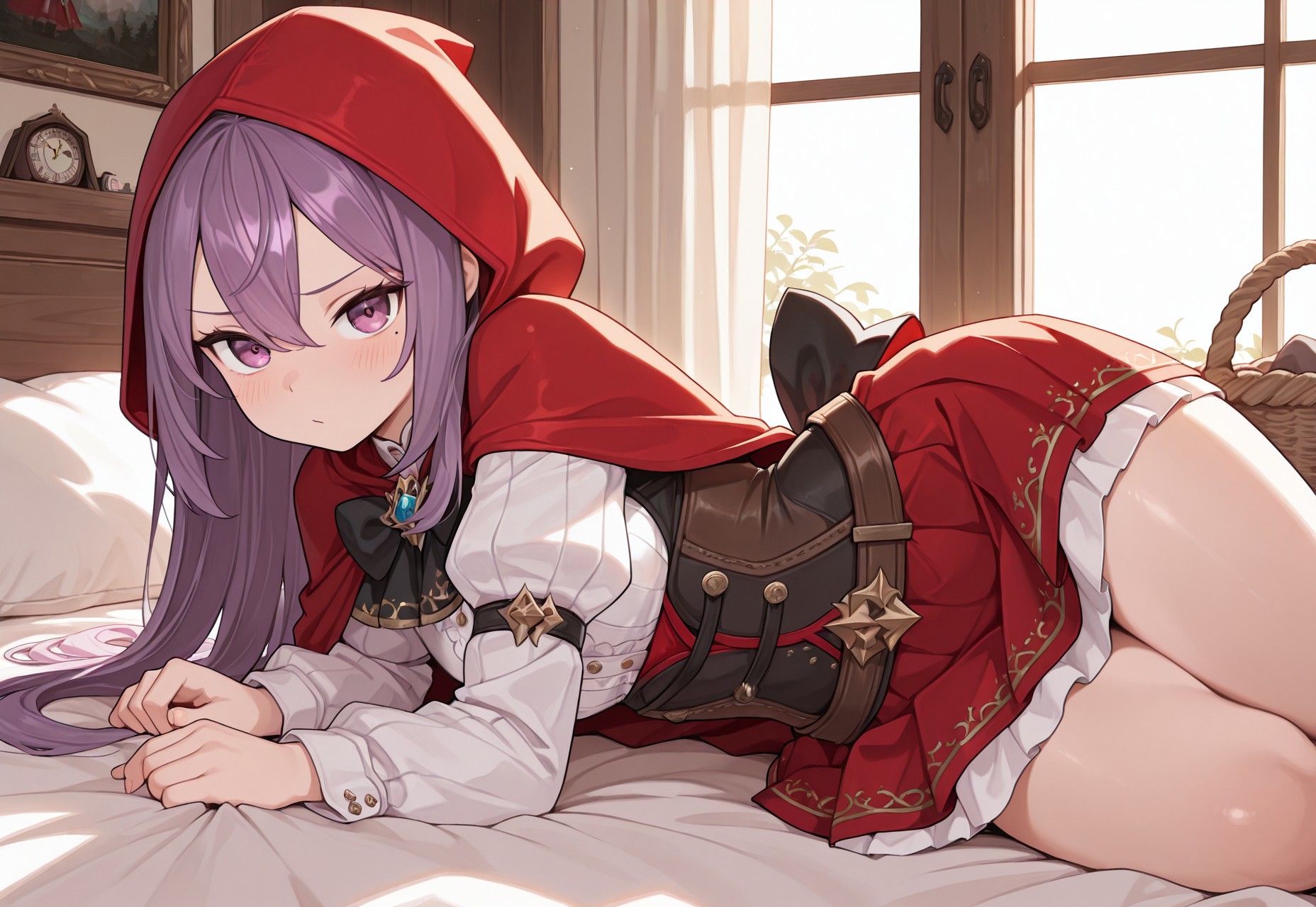  highres, best quality, masterpiece, bed, masterpiece, best quality, 1girl, solo, looking at viewer, KRHanus, mole under eye,purple hair, long hair, purple eyes, little red riding hood, red hood, basket, skirt, corset, red dress, red cloak, cape
masterpiece, best quality, amazing quality, very aesthetic, absurdres, newest,
