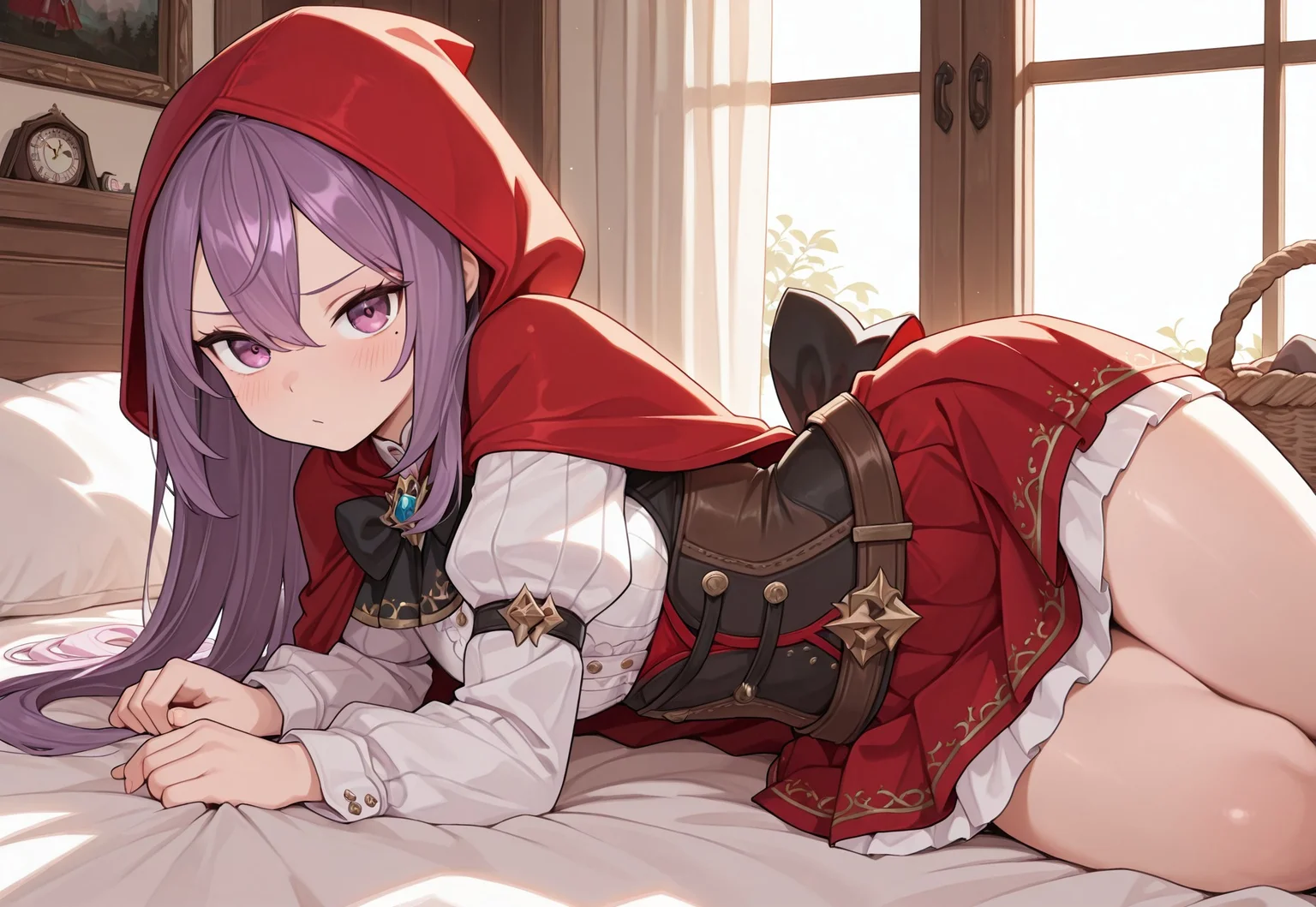 highres, best quality, masterpiece, bed, masterpiece, best quality, 1girl, solo, looking at viewer, KRHanus, mole under eye,purple hair, long hair, purple eyes, little red riding hood, red hood, basket, skirt, corset, red dress, red cloak, cape
masterpiece, best quality, amazing quality, very aesthetic, absurdres, newest,