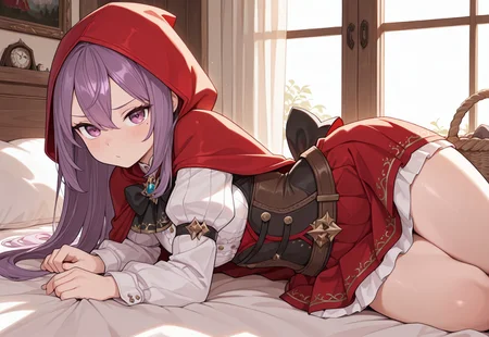  highres, best quality, masterpiece, bed, masterpiece, best quality, 1girl, solo, looking at viewer, KRHanus, mole under eye,purple hair, long hair, purple eyes, little red riding hood, red hood, basket, skirt, corset, red dress, red cloak, cape
masterpiece, best quality, amazing quality, very aesthetic, absurdres, newest,
