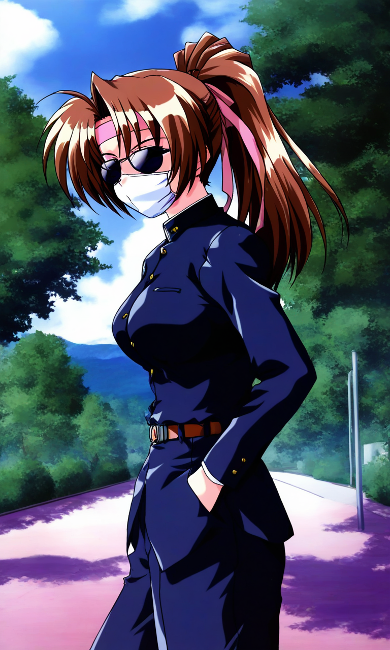 general,highres, ultra-detailed,very aesthetic,best quality ,best hands, BREAK  <lora:kudanshita_Maeka_Tokimeki_Memorial2_IS:1>
kudanshita_Maeka(Tokimeki_Memorial2), 1girl, solo, large breasts,
pink headband, outdoors, sunglasses, brown hair, mouth mask, mask, 
gakuran, ponytail, day, belt, hands in pockets,  tree,
sky, long hair, long sleeves, pants, cloud,