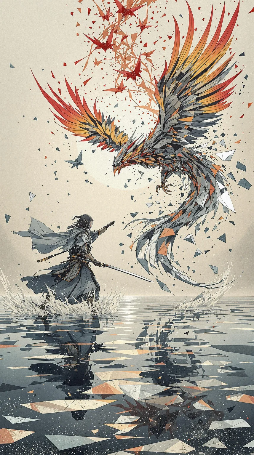 A cybernetic samurai dueling an origami phoenix on the surface of a shattered mirror ocean, illustrated in traditional Japanese ink wash style fused with glitchcore shattered realities, serene and violently fragmented