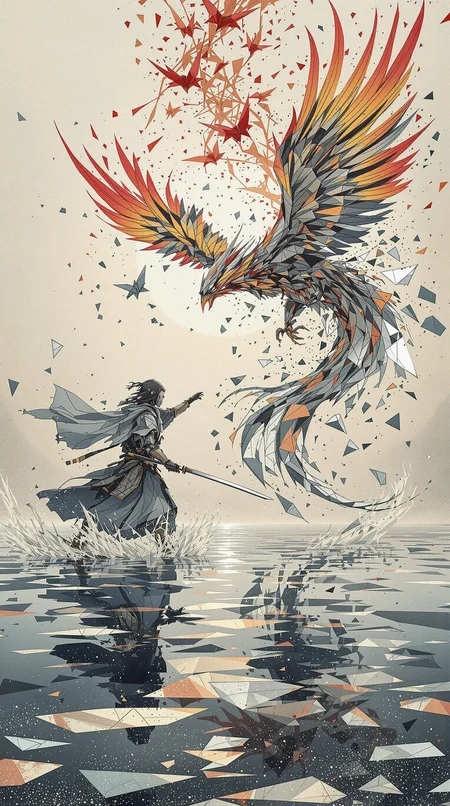 A cybernetic samurai dueling an origami phoenix on the surface of a shattered mirror ocean, illustrated in traditional Japanese ink wash style fused with glitchcore shattered realities, serene and violently fragmented