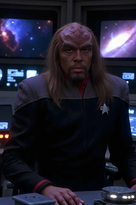 A high-resolution photo of a futuristic starship bridge, bathed in soft, ambient light from the shipâs control panels and displays. At the center of the scene, the captain, klingon man with very rigded forehead and long hair dressed in a striking black DS9 uniform with red collar and grey shoulders, stands confidently at the command station. The uniformâs sleek design and distinctive red hue contrast sharply with the cool, metallic tones of the bridgeâs advanced technology. Behind the captain, large windows reveal a breathtaking view of distant galaxies and vibrant nebulae. The bridge is filled with an array of holographic interfaces and glowing control consoles, creating a high-tech, immersive environment. The captainâs posture and focused expression exude leadership and resolve, perfectly capturing the essence of futuristic command.<lora:midjourney_whisper_flux_lora_v01:0.55><lora:aidmaMJ6.1-FLUX-V0.1:0.4><lora:FluxMythP0rtr4itStyle:0.4><lora:detailed_flux_ntc:2.2><lora:aidmaImageUpgrader-FLUX-V0.1:0.65><lora:DS9_FLUX:1.1><lora:klingon_FLUX>