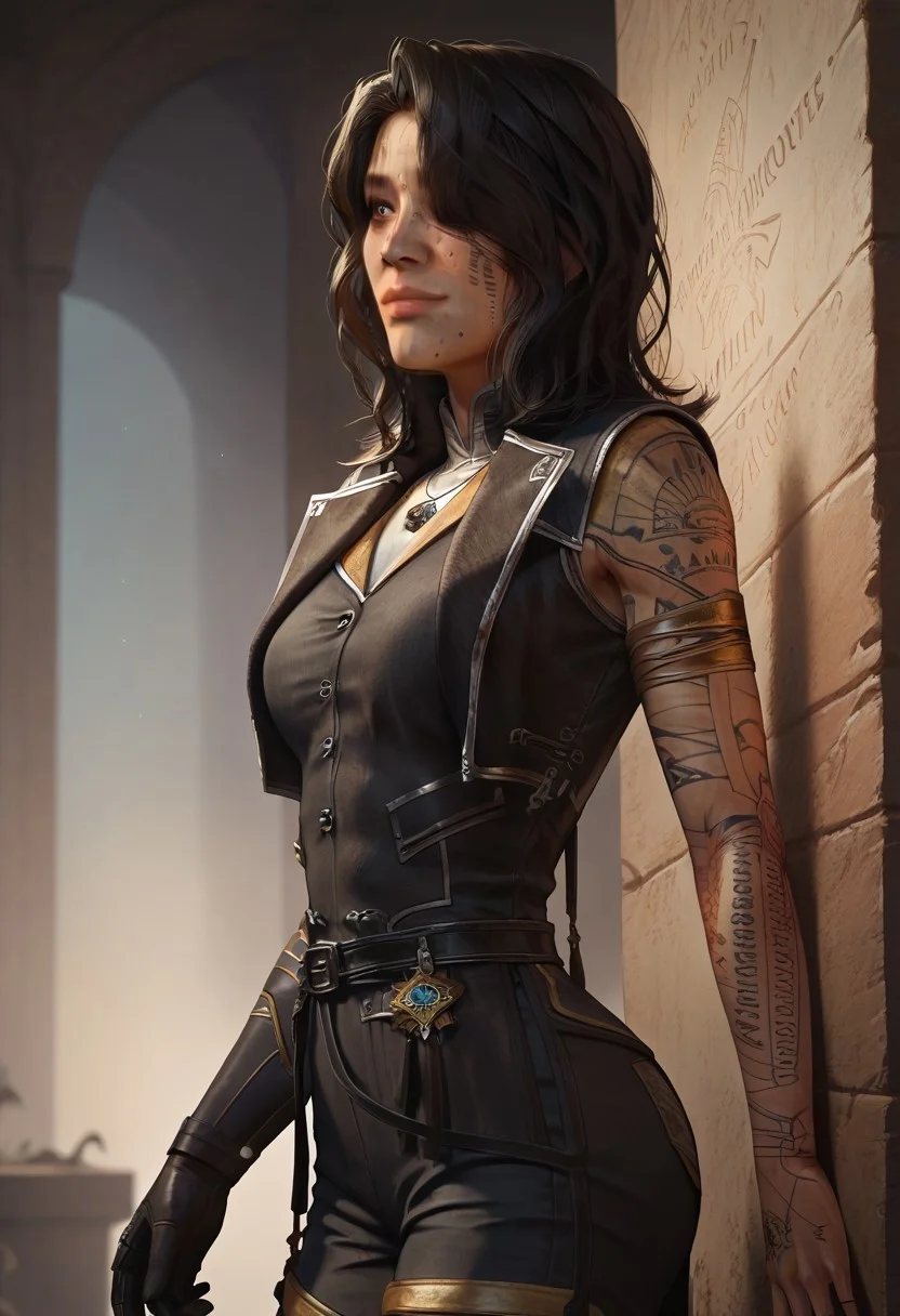 score_9, score_8_up, score_7_up,((masterpiece)), sharp focus, 1girl,solo, (lune, black hair, brown eyes, gold arm tattoo, gold leg tattoo, black facial tattoo, (tattoo writing over left eye:1.1):1.2), (armor, clair obscur expedition 33, pants, single arm glove:1.2), perfect face, hd quality, high quality, detailing face, detailing body, deatiled apartament, abounded house, side view, standing, sunlights on hair, arched back, smile, closed mouth