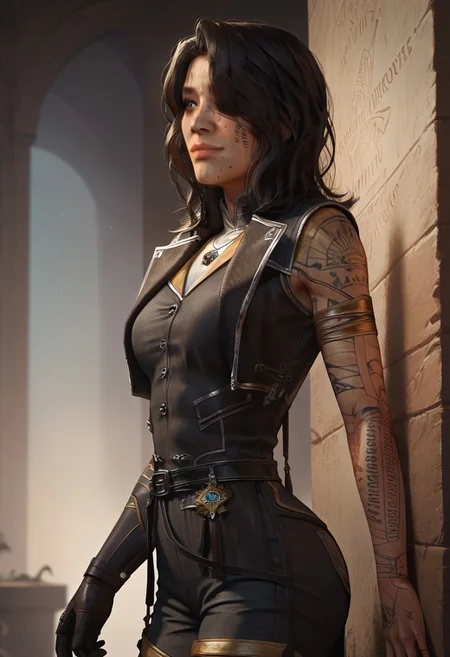 score_9, score_8_up, score_7_up,((masterpiece)), sharp focus, 1girl,solo, (lune, black hair, brown eyes, gold arm tattoo, gold leg tattoo, black facial tattoo, (tattoo writing over left eye:1.1):1.2), (armor, clair obscur expedition 33, pants, single arm glove:1.2), perfect face, hd quality, high quality, detailing face, detailing body, deatiled apartament, abounded house, side view, standing, sunlights on hair, arched back, smile, closed mouth