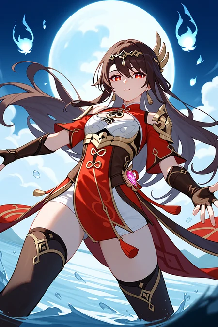 cl3r1c, score_9, score_8_up, score_7_up, 1girl, highly detailed, beidou_(genshin_impact), genshin_impact, red_eyes, brown_hair, straight-on, looking at viewer, deep sea, glowing creatures, anime, <lora:5h4rt:1.0>