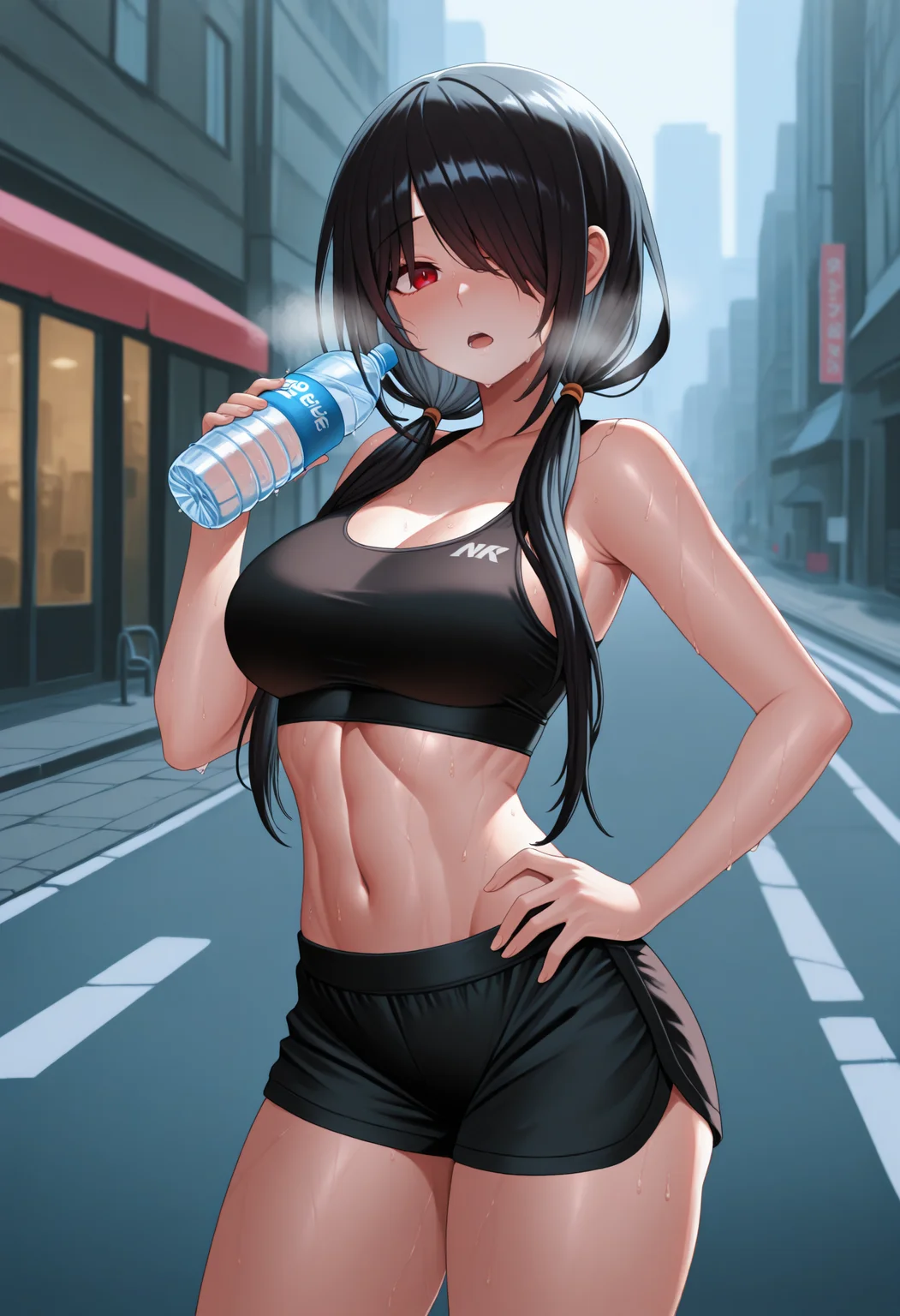 masterpiece, best quality, 1girl, solo, TkskKrmi, black hair, low twintails, hair over one eye, red eye, black sports bra, black shorts, linea alba, sweat, hand on hip, holding bottle, water bottle, outdoors, street, city, looking at viewer, open mouth, heavy breathing, <lora:ChamTokisakiKurumiNoob:1>